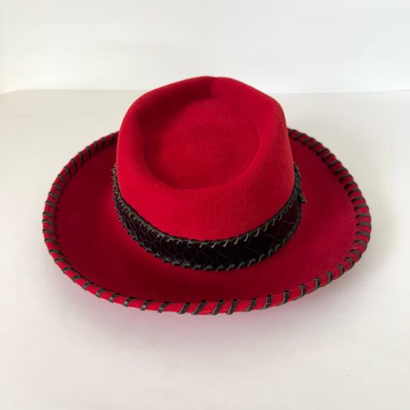 Eric Javits Vintage Red Wool Hat Whipstitch Black Leather Trim OS Western Cowboy main image 9